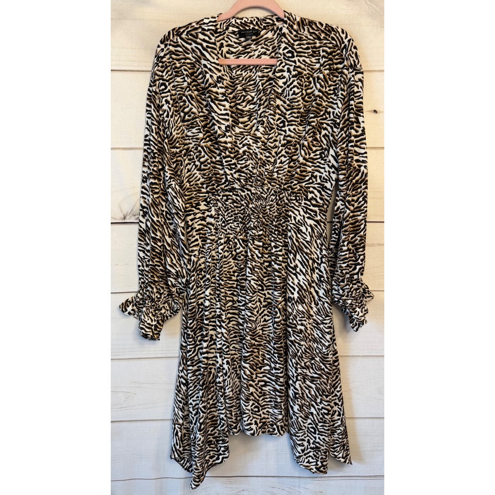 Current Air Los Angeles Tiger Animal Print Smocked Waist Midi Dress Brown Large